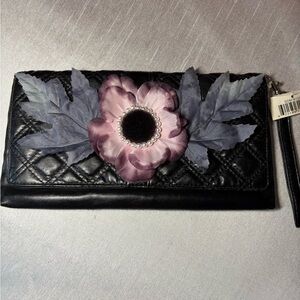 Snap Clutch with Floral Design. Black, Pink and Grey. New.
